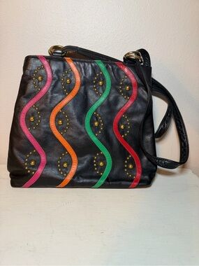 Vintage Black Leather Shoulder Bag with Multicolor Wave Accents and Stud Detail